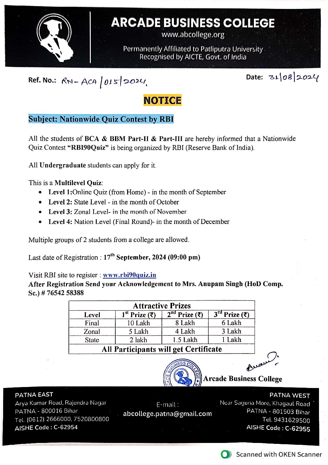 Nationwide Quiz Contest by RBI….. (For Rajendra Nagar Students)