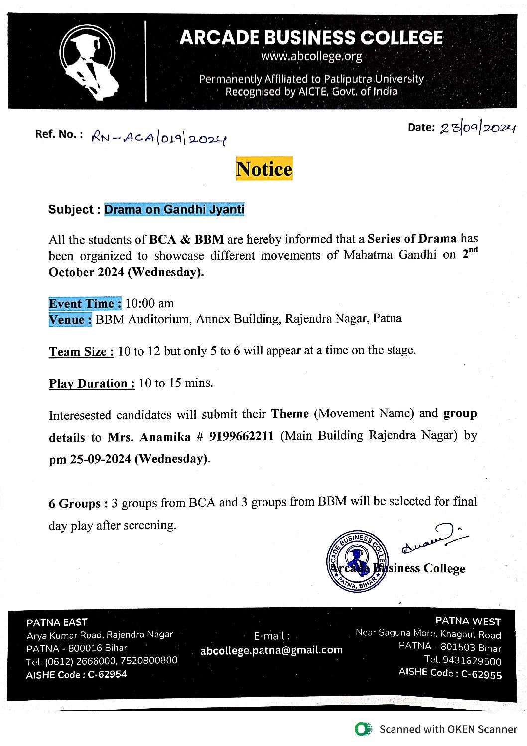 Notice for Drama on Gandhi Jyanti