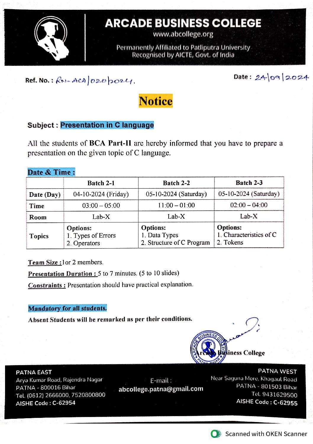 Notice for : Presentation in C Language