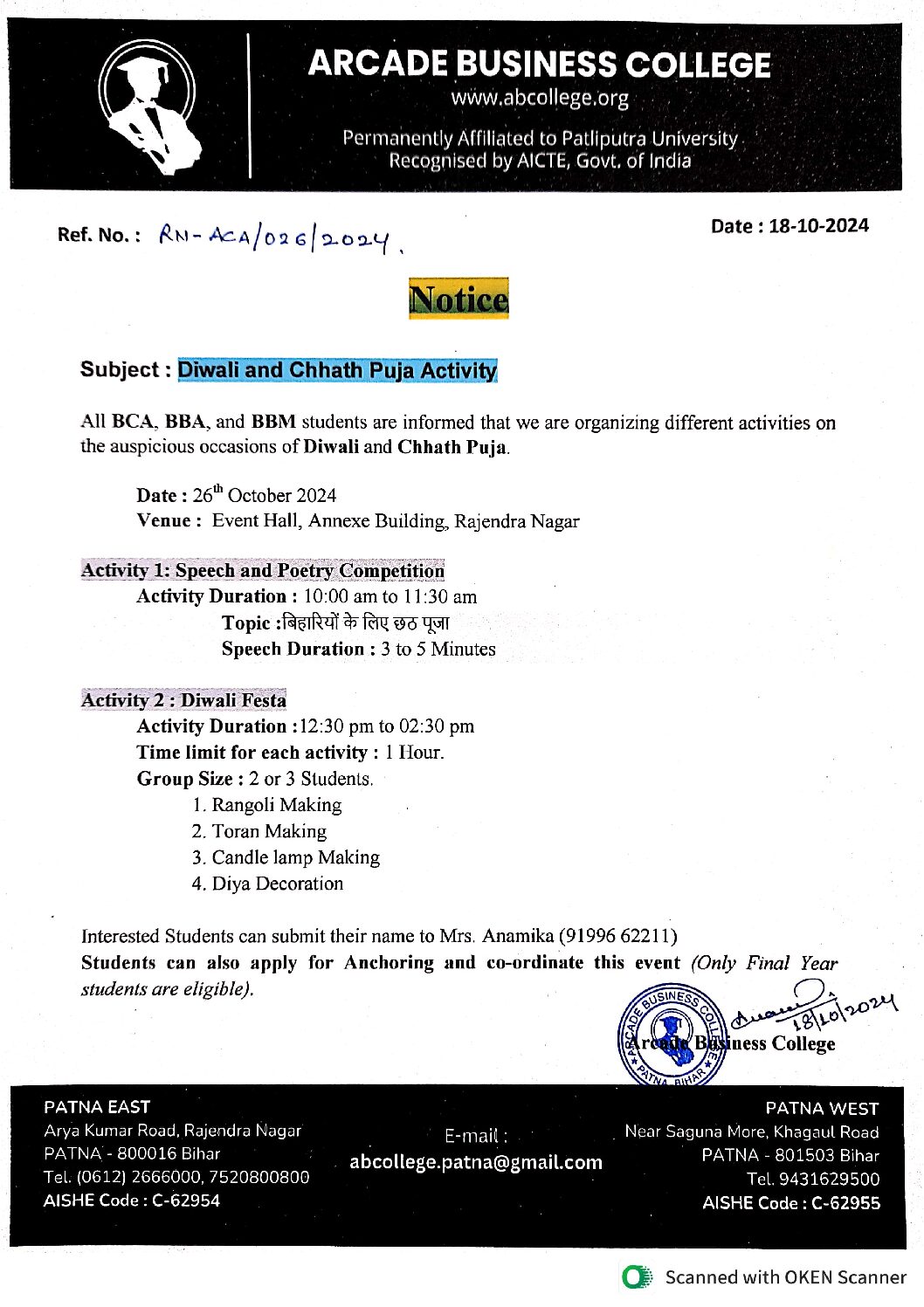 Activity Notice : Diwali and Chhath Puja