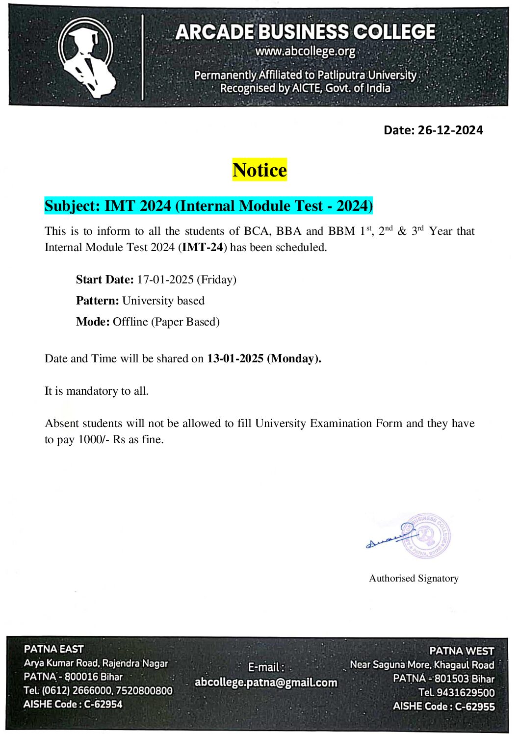 Notice for IMT 2024 (Internal Module Test-2024) for all year.