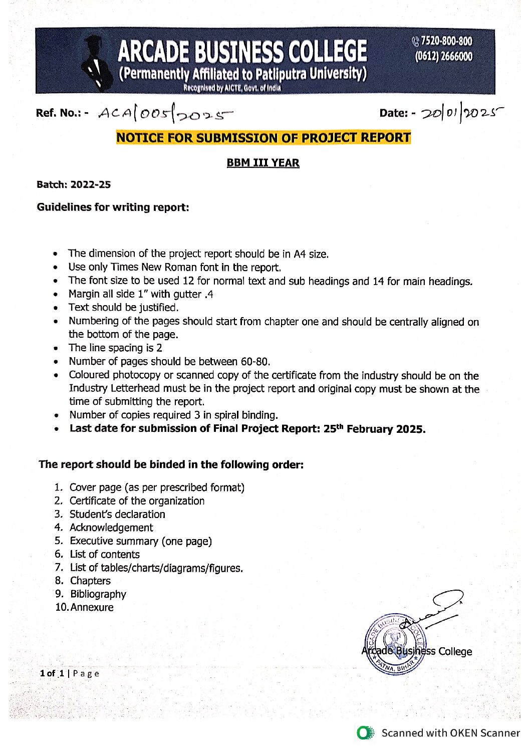 Notice : Submission of Project Report (BBM III Yr.)